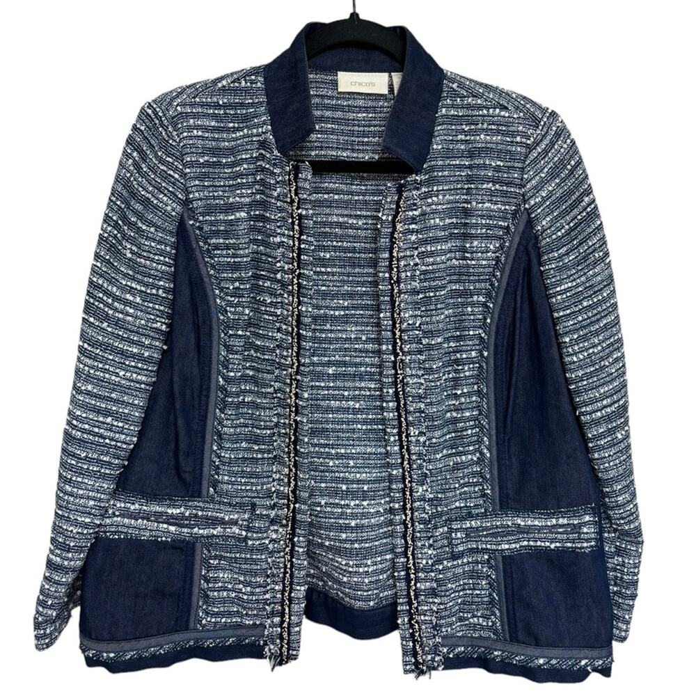 Chico’s Blue and White Tweed Open Front Blazer Cotton Blend - Size 1 (M)